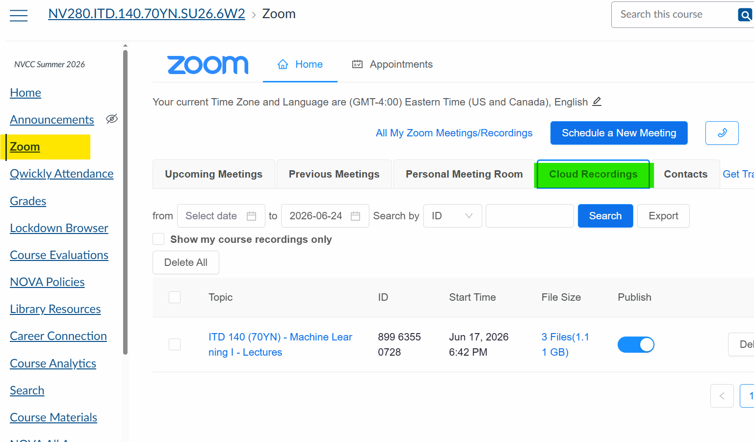 screenshot of canvas course showing Zoom menu item and cloud recordings tab